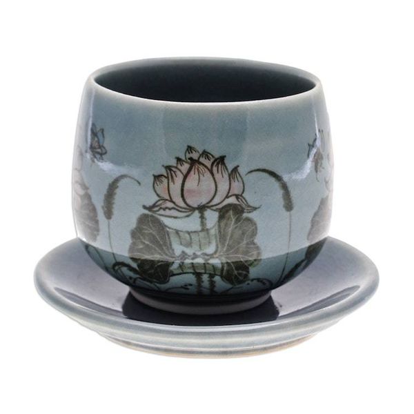 Alternate image for Handmade Celadon Ceramic Blue Cup and Saucer with Flowers Luxuriant Lotus in Blue