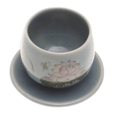 Alternate image for Handmade Celadon Ceramic Blue Cup and Saucer with Flowers Luxuriant Lotus in Blue