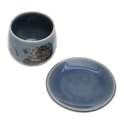 Alternate image for Handmade Celadon Ceramic Blue Cup and Saucer with Flowers Luxuriant Lotus in Blue