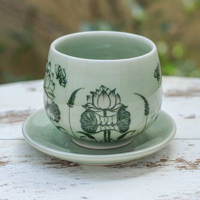 Alternate image for Handmade Celadon Ceramic Green Cup and Saucer with Flowers Luxuriant Lotus
