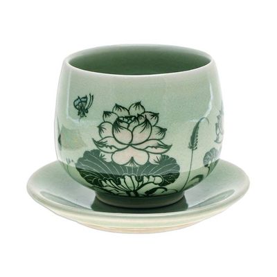 Alternate image for Handmade Celadon Ceramic Green Cup and Saucer with Flowers Luxuriant Lotus