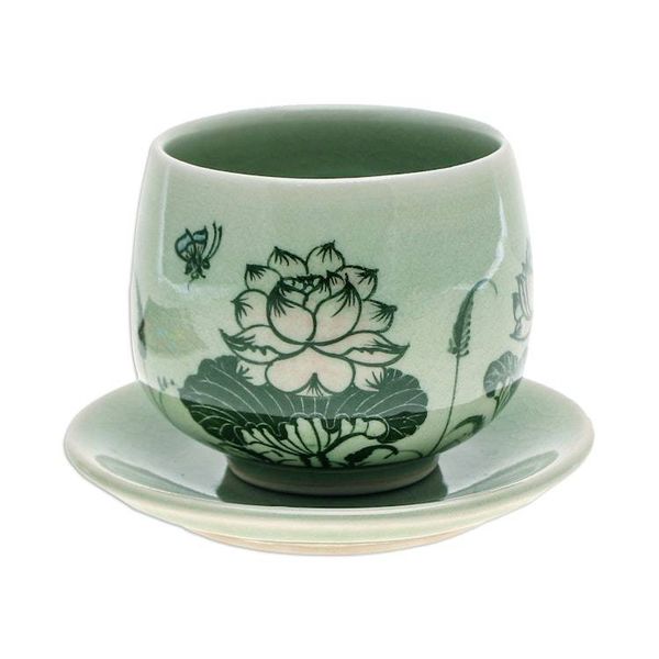 Alternate image for Handmade Celadon Ceramic Green Cup and Saucer with Flowers Luxuriant Lotus