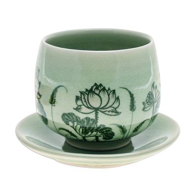 Alternate image for Handmade Celadon Ceramic Green Cup and Saucer with Flowers Luxuriant Lotus