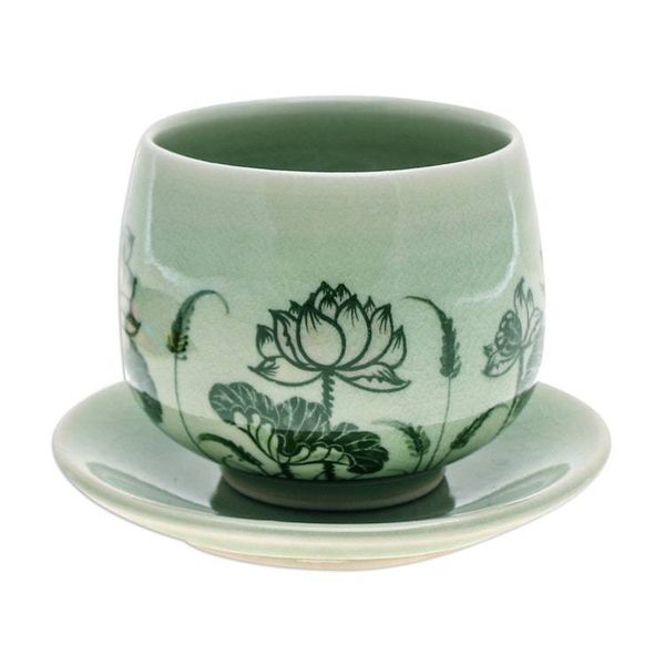 Alternate image for Handmade Celadon Ceramic Green Cup and Saucer with Flowers Luxuriant Lotus