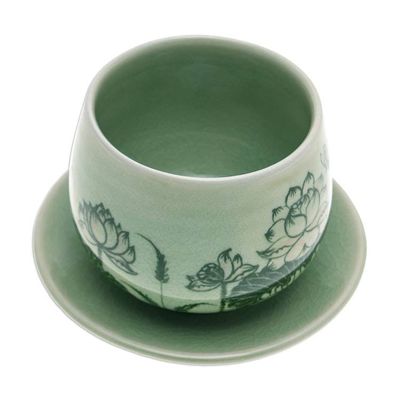Alternate image for Handmade Celadon Ceramic Green Cup and Saucer with Flowers Luxuriant Lotus
