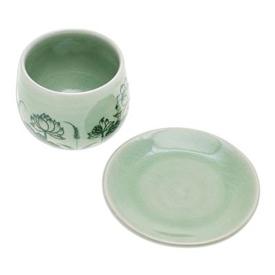 Alternate image for Handmade Celadon Ceramic Green Cup and Saucer with Flowers Luxuriant Lotus
