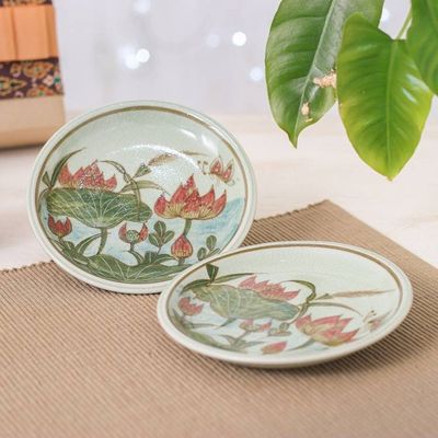 Alternate image for 2 Hand-Painted Celadon Ceramic Floral Leaf Dessert Plates Lotus Flower Delight