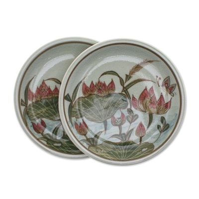 Alternate image for 2 Hand-Painted Celadon Ceramic Floral Leaf Dessert Plates Lotus Flower Delight
