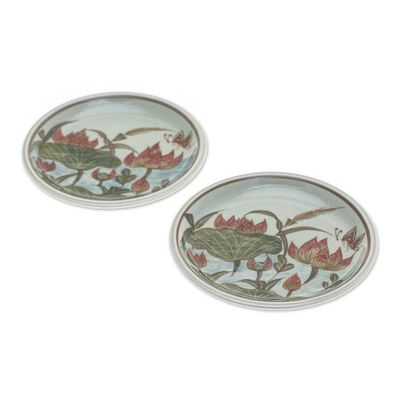 Alternate image for 2 Hand-Painted Celadon Ceramic Floral Leaf Dessert Plates Lotus Flower Delight