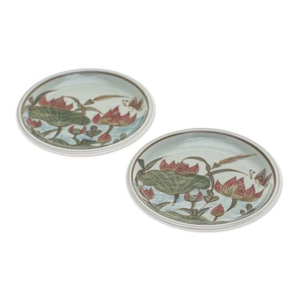 Alternate image for 2 Hand-Painted Celadon Ceramic Floral Leaf Dessert Plates Lotus Flower Delight