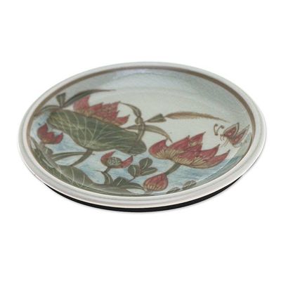 Alternate image for 2 Hand-Painted Celadon Ceramic Floral Leaf Dessert Plates Lotus Flower Delight