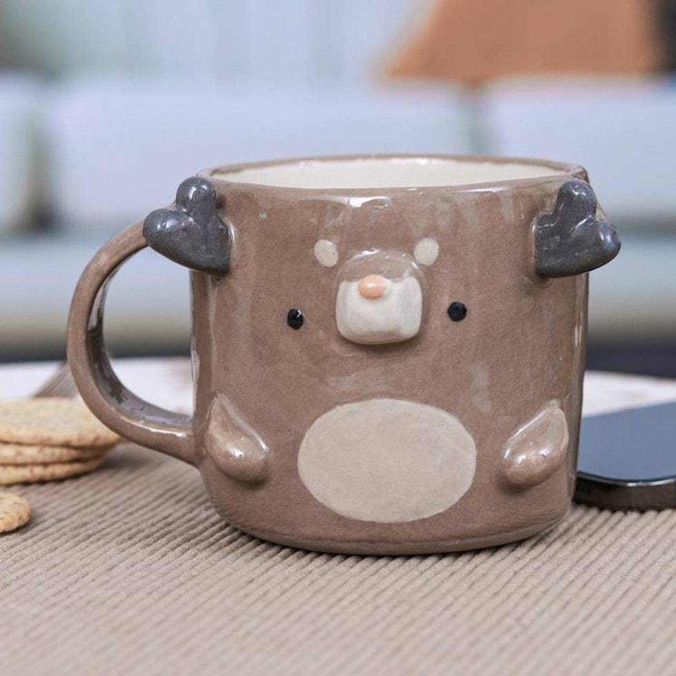Fair Trade Glossy-Finished 9 oz Brown Ceramic Deer Mug 'Deer Morning'