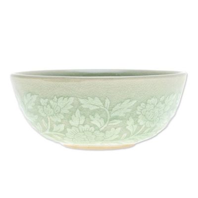 Alternate image for Leafy and Floral Green Ceramic Bowl with Crackled Finish Wealthy Peony