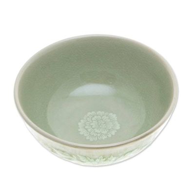 Alternate image for Leafy and Floral Green Ceramic Bowl with Crackled Finish Wealthy Peony
