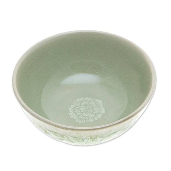 Alternate image for Leafy and Floral Green Ceramic Bowl with Crackled Finish Wealthy Peony