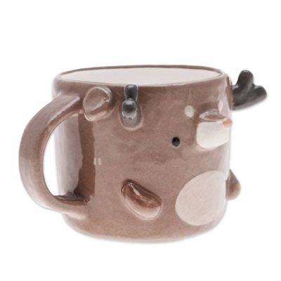 Alternate image for Fair Trade Glossy-Finished 9 oz Brown Ceramic Deer Mug Deer Morning