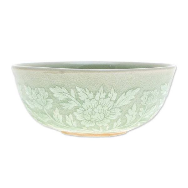 Alternate image for Leafy and Floral Green Ceramic Bowl with Crackled Finish Wealthy Peony