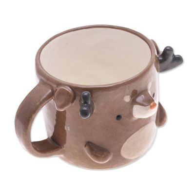 Alternate image for Fair Trade Glossy-Finished 9 oz Brown Ceramic Deer Mug Deer Morning