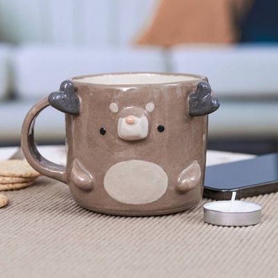 Alternate image for Fair Trade Glossy-Finished 9 oz Brown Ceramic Deer Mug Deer Morning