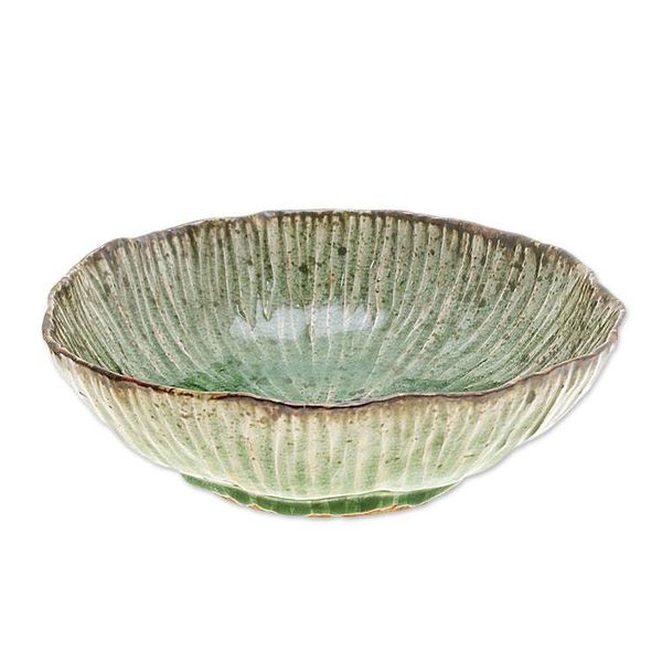 Alternate image for Lotus-Inspired Speckled Green Celadon Ceramic Bowl Lotus Table