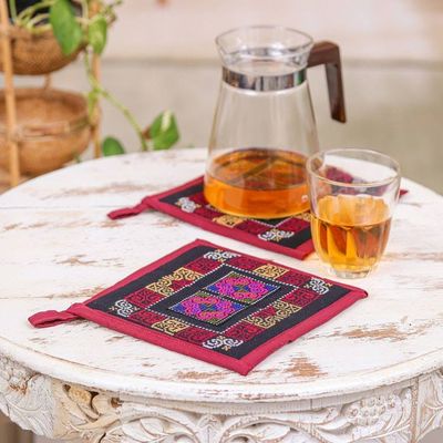 Alternate image for 2 Burgundy Hmong Hill Tribe Embroidered Cotton Blend Trivets Hmong Cooking in Burgundy