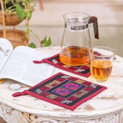 Alternate image for 2 Burgundy Hmong Hill Tribe Embroidered Cotton Blend Trivets Hmong Cooking in Burgundy
