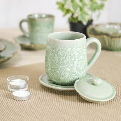 Alternate image for Floral Crackled Green Celadon Ceramic Covered Cup and Saucer Luxury Peony in Green