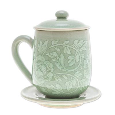 Alternate image for Floral Crackled Green Celadon Ceramic Covered Cup and Saucer Luxury Peony in Green