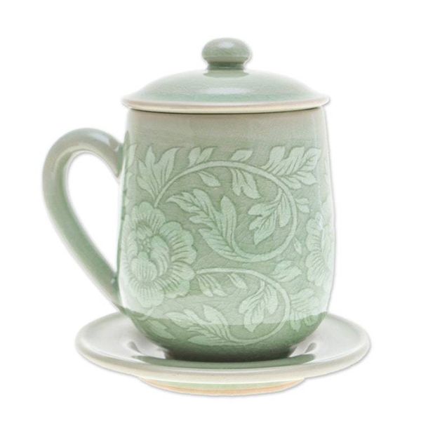 Alternate image for Floral Crackled Green Celadon Ceramic Covered Cup and Saucer Luxury Peony in Green