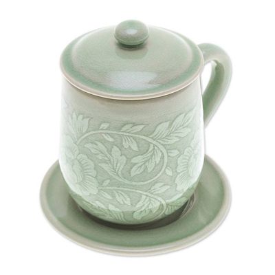 Alternate image for Floral Crackled Green Celadon Ceramic Covered Cup and Saucer Luxury Peony in Green