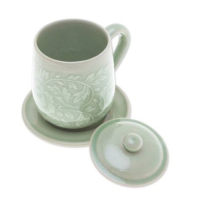 Alternate image for Floral Crackled Green Celadon Ceramic Covered Cup and Saucer Luxury Peony in Green