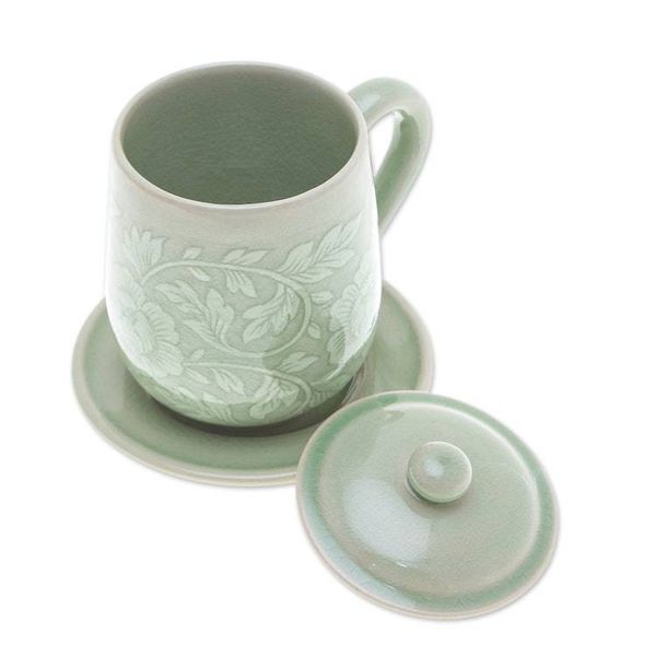 Alternate image for Floral Crackled Green Celadon Ceramic Covered Cup and Saucer Luxury Peony in Green
