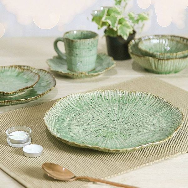 Alternate image for Lotus-Inspired Speckled Green Celadon Ceramic Dinner Plate Lotus Table