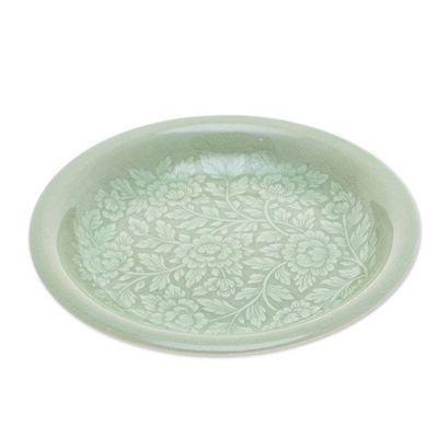 Alternate image for Floral Green Ceramic Luncheon Plate with Crackled Finish Wealthy Peony
