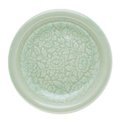 Alternate image for Floral Green Ceramic Luncheon Plate with Crackled Finish Wealthy Peony