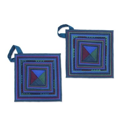 Alternate image for 2 Cotton Blend Trivets with Lisu Hill Tribe Applique Work Lisu Cooking in Blue