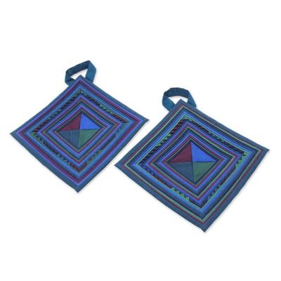 Alternate image for 2 Cotton Blend Trivets with Lisu Hill Tribe Applique Work Lisu Cooking in Blue