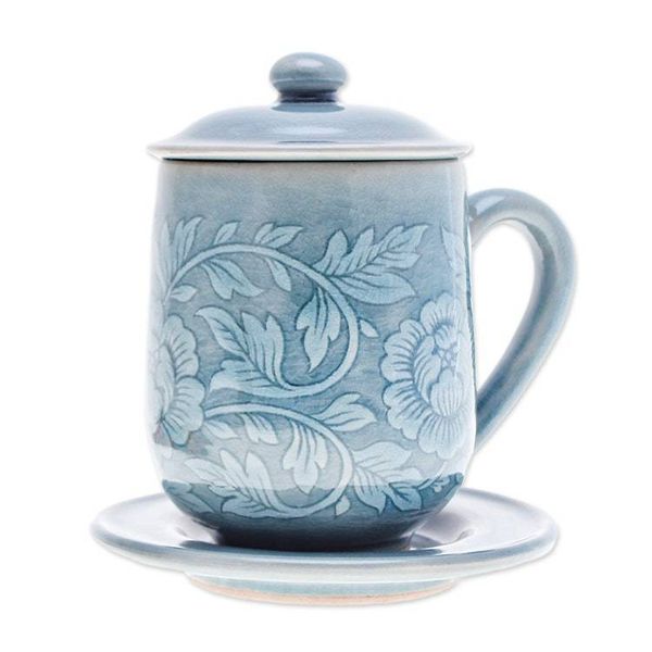 Alternate image for Classic Crackled Blue Celadon Ceramic Covered Cup and Saucer Luxury Peony in Blue