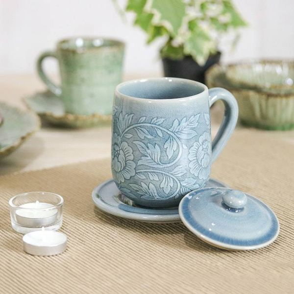 Alternate image for Classic Crackled Blue Celadon Ceramic Covered Cup and Saucer Luxury Peony in Blue