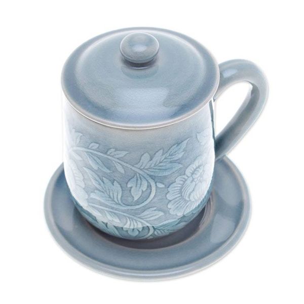 Alternate image for Classic Crackled Blue Celadon Ceramic Covered Cup and Saucer Luxury Peony in Blue