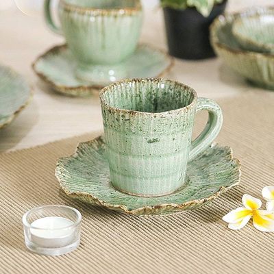 Alternate image for Lotus-Inspired Speckled Green Celadon Ceramic Cup and Saucer Lotus Table