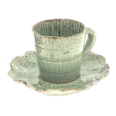 Alternate image for Lotus-Inspired Speckled Green Celadon Ceramic Cup and Saucer Lotus Table