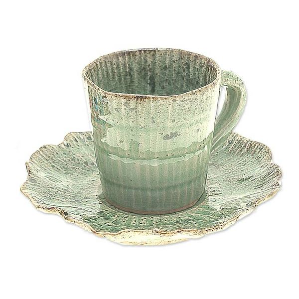 Alternate image for Lotus-Inspired Speckled Green Celadon Ceramic Cup and Saucer Lotus Table