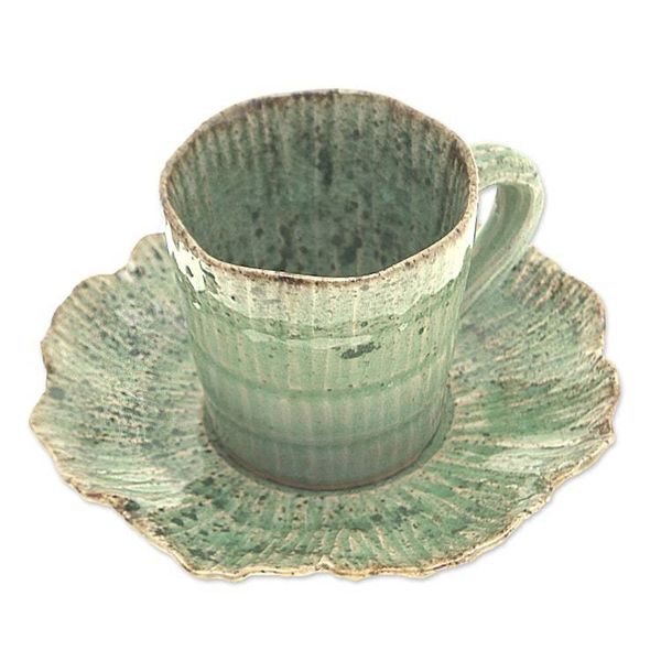 Alternate image for Lotus-Inspired Speckled Green Celadon Ceramic Cup and Saucer Lotus Table
