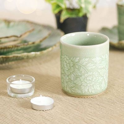 Alternate image for Leafy and Floral Green Ceramic Teacup with Crackled Finish Wealthy Peony