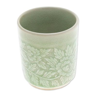 Alternate image for Leafy and Floral Green Ceramic Teacup with Crackled Finish Wealthy Peony