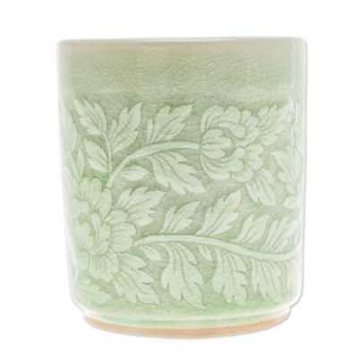 Alternate image for Leafy and Floral Green Ceramic Teacup with Crackled Finish Wealthy Peony