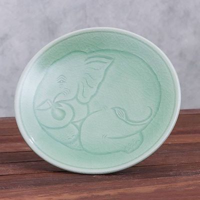 Alternate image for Elephant Motif Handcrafted Thai Celadon Dessert Plate Sleeping Elephant