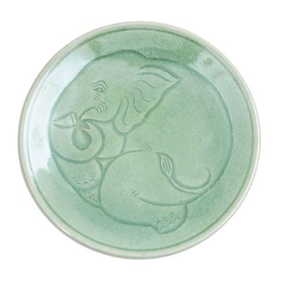 Alternate image for Elephant Motif Handcrafted Thai Celadon Dessert Plate Sleeping Elephant