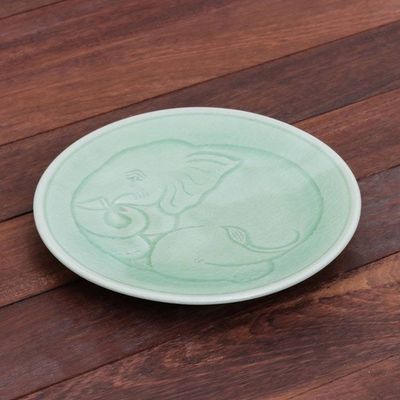 Alternate image for Elephant Motif Handcrafted Thai Celadon Dessert Plate Sleeping Elephant